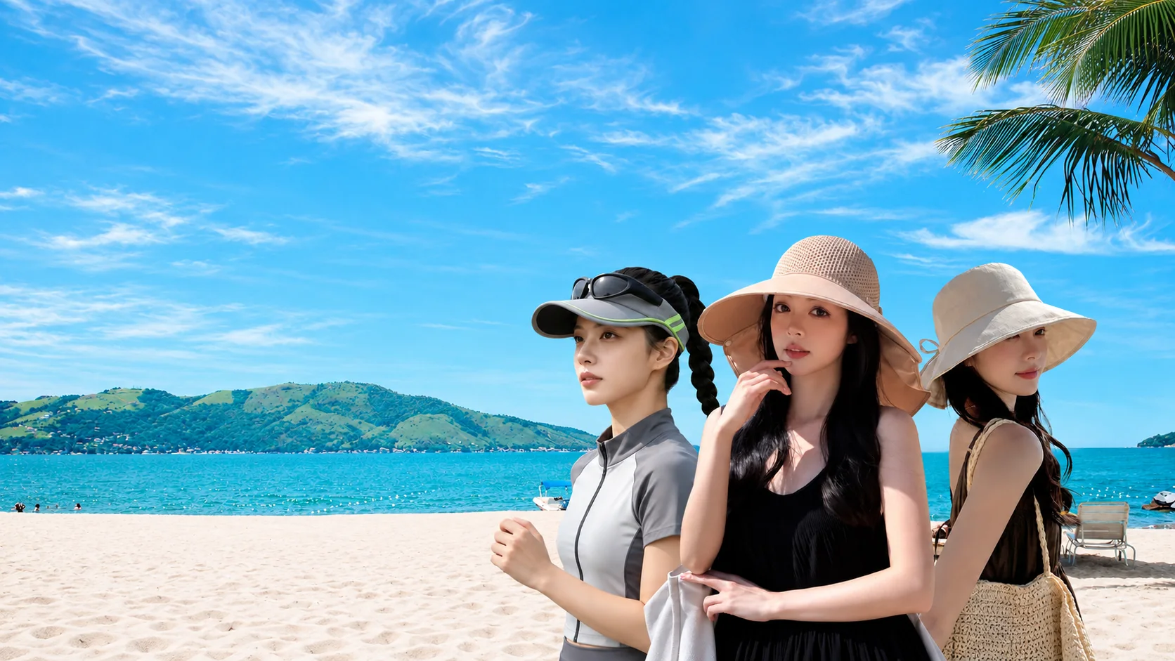 Women wearing summer sun hats by the sea